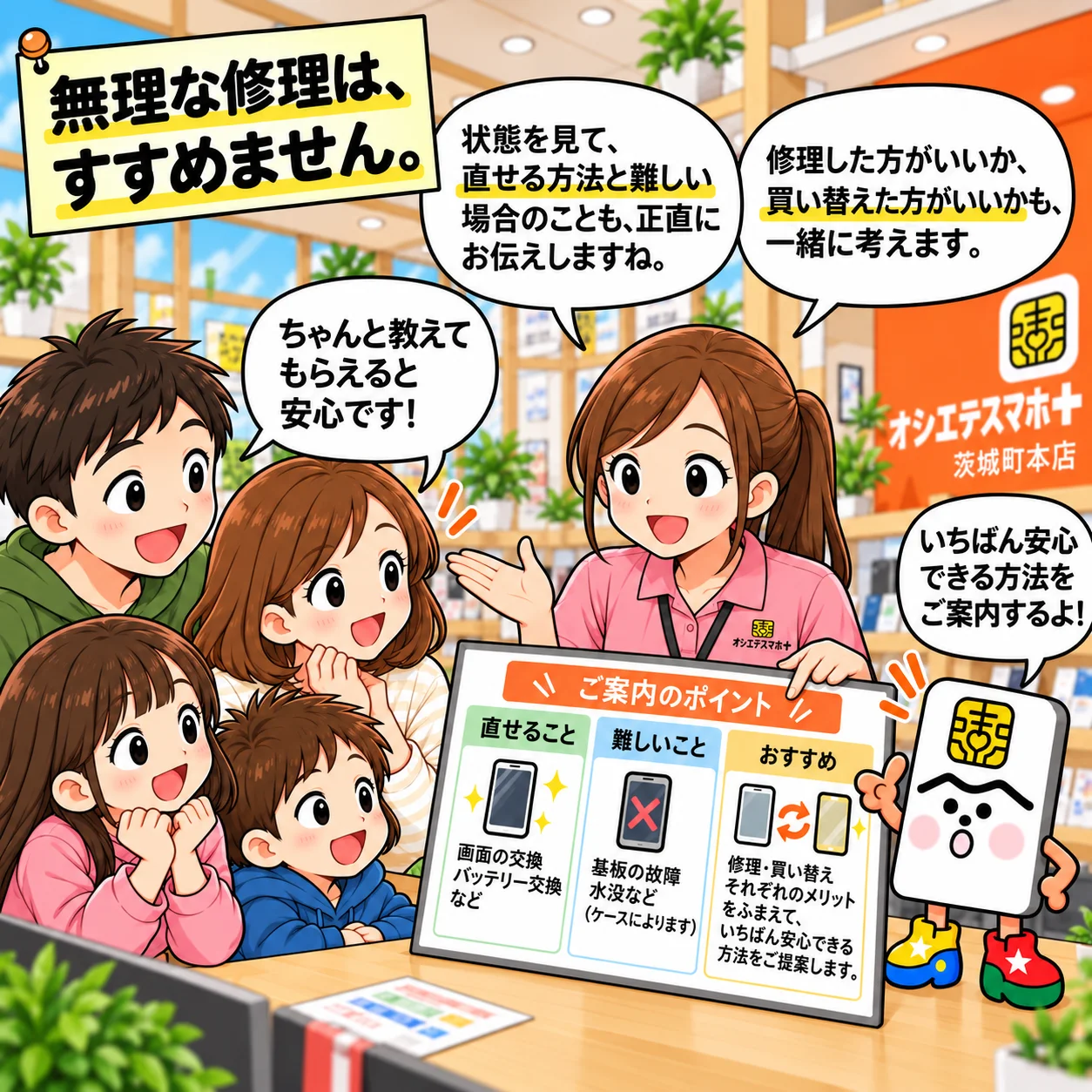 無理な修理をすすめないスタッフとマッスーくんの漫画